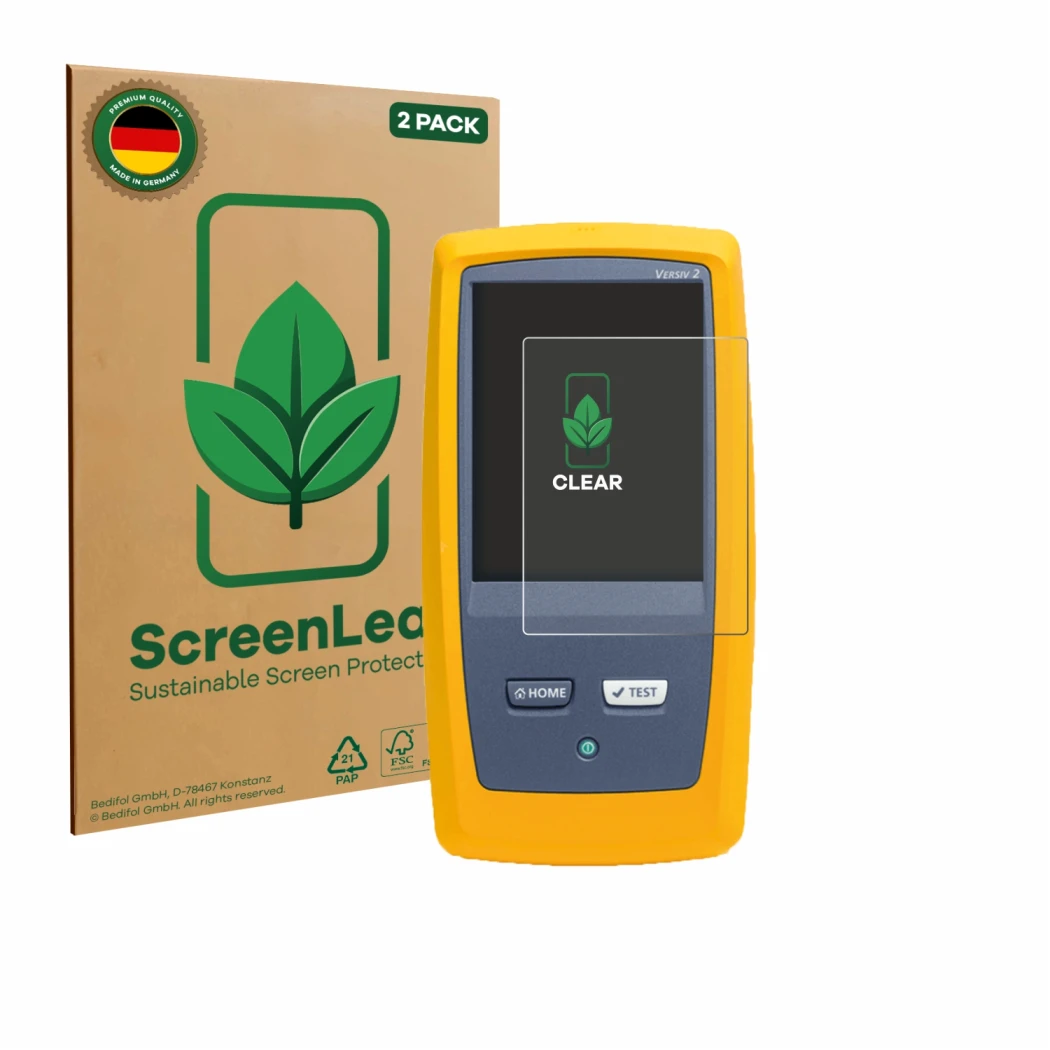 Face avant d’un emballage produit avec le logo de la marque ScreenLeaf. À côté, l’appareil Fluke DSX8000 est représenté avec l