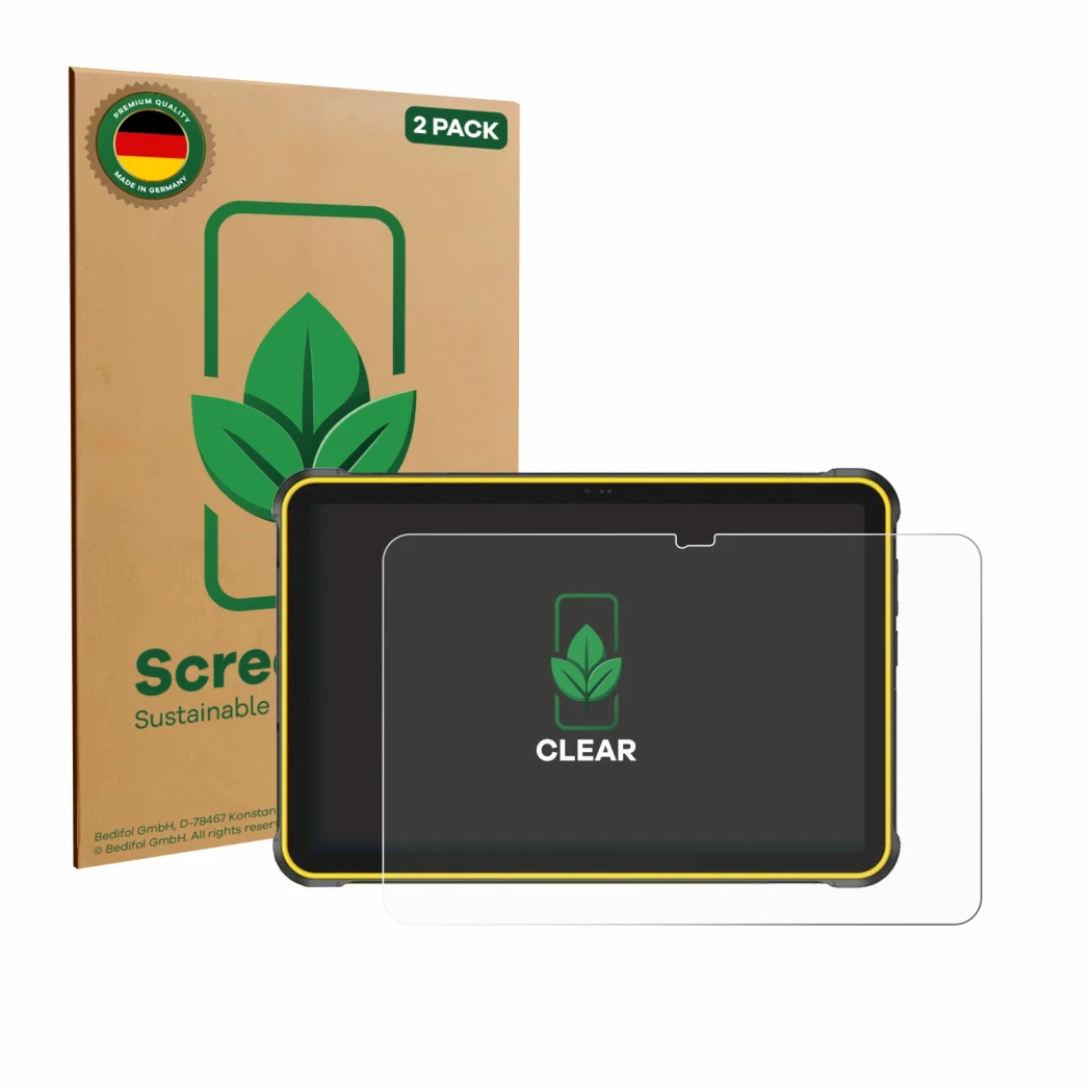 Face avant d’un emballage produit avec le logo de la marque ScreenLeaf. À côté, l’appareil Ulefone RugKing Pad 2 Pro est repré
