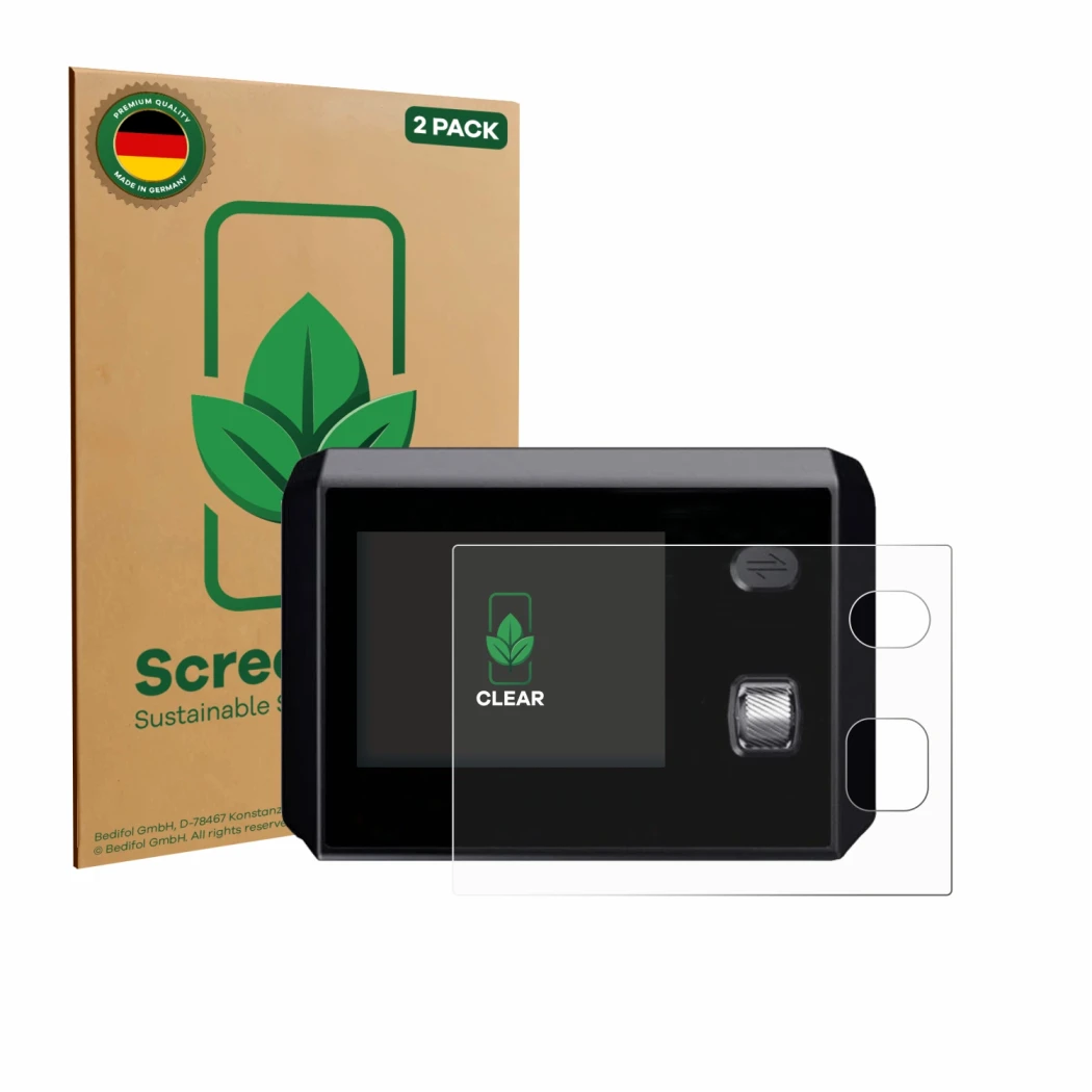 Face avant d’un emballage produit avec le logo de la marque ScreenLeaf. À côté, l’appareil SkyRC MC5000 est représenté avec la