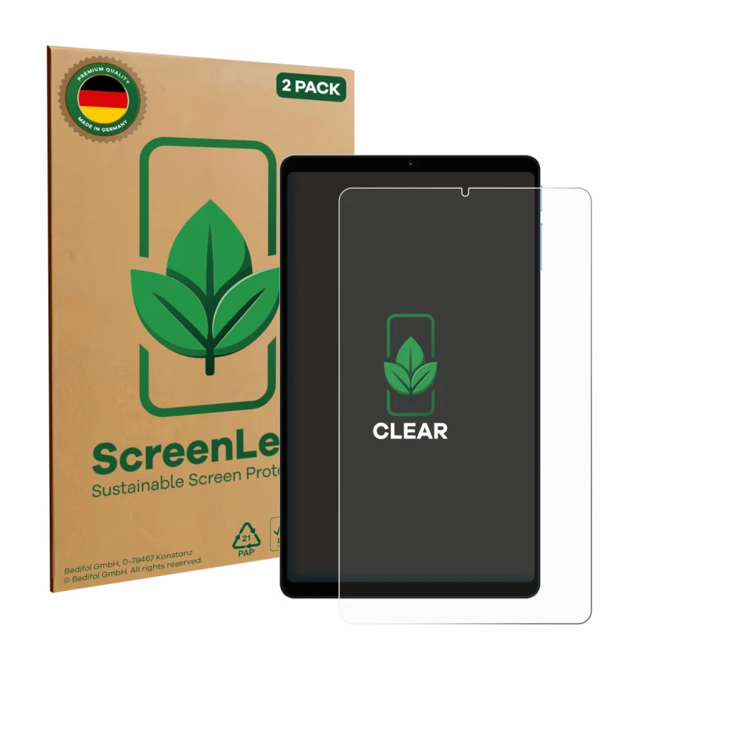 Face avant d’un emballage produit avec le logo de la marque ScreenLeaf. À côté, l’appareil Teclast T50 Mini est représenté ave
