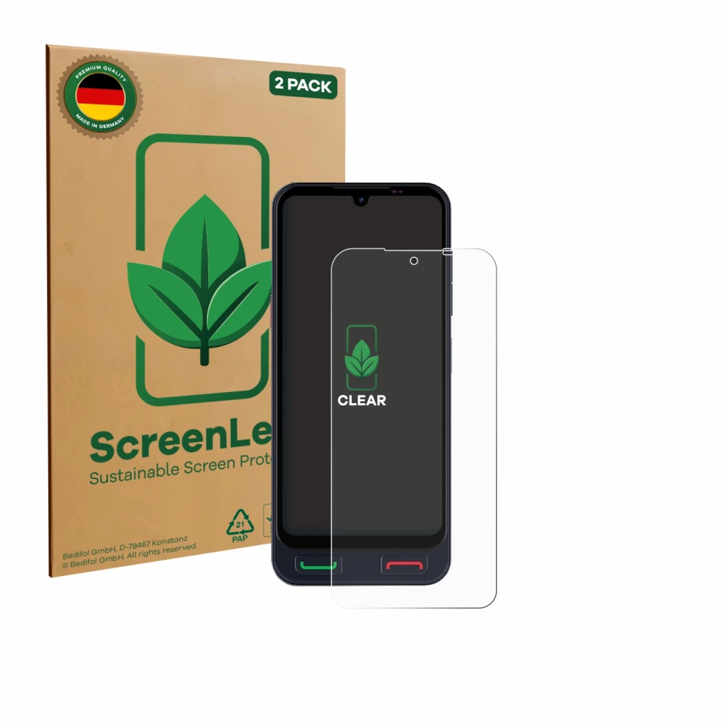 Face avant d’un emballage produit avec le logo de la marque ScreenLeaf. À côté, l’appareil SPC Zeus 2 Pro est représenté avec 