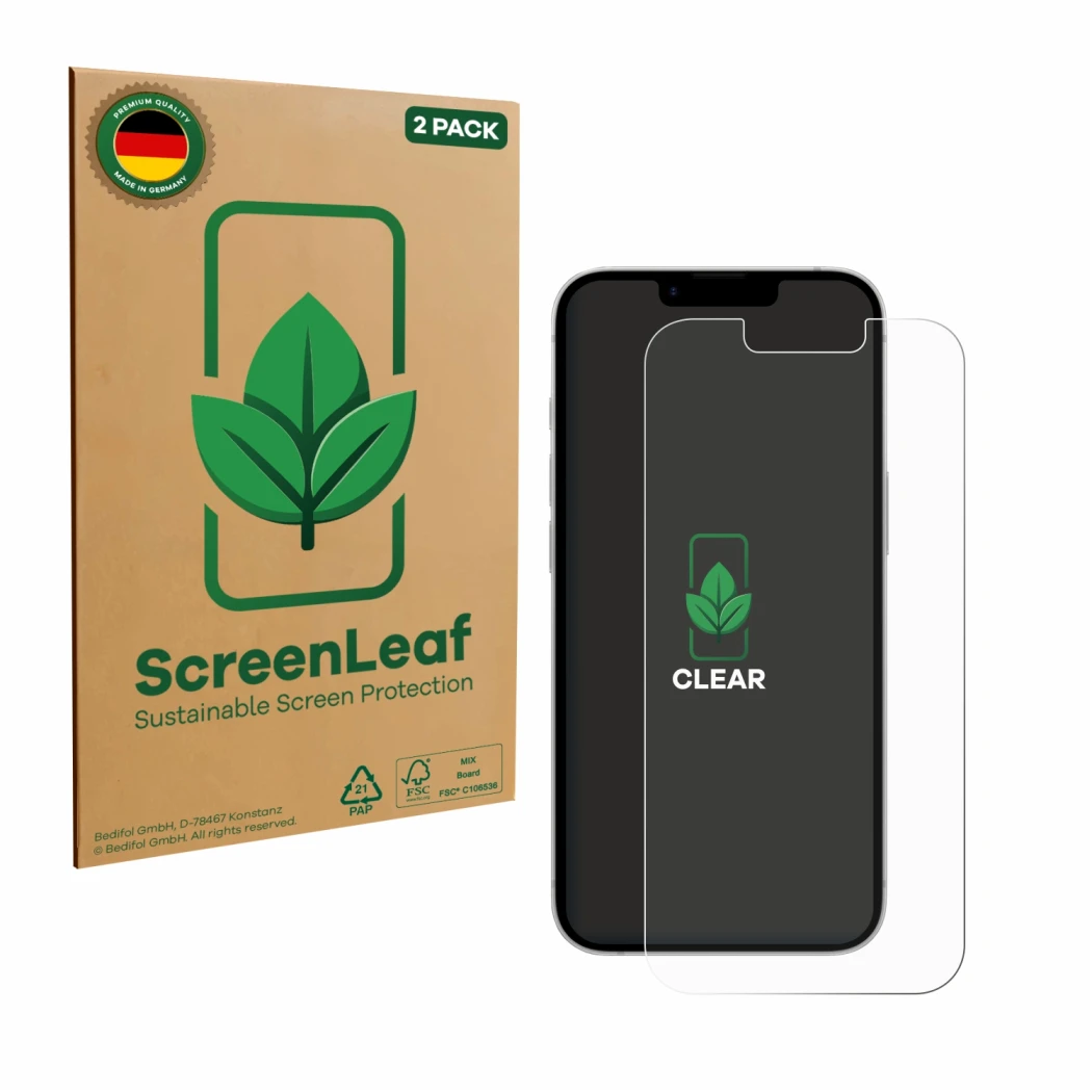 Face avant d’un emballage produit avec le logo de la marque ScreenLeaf. À côté, l’appareil Apple iPhone 17e est représenté ave