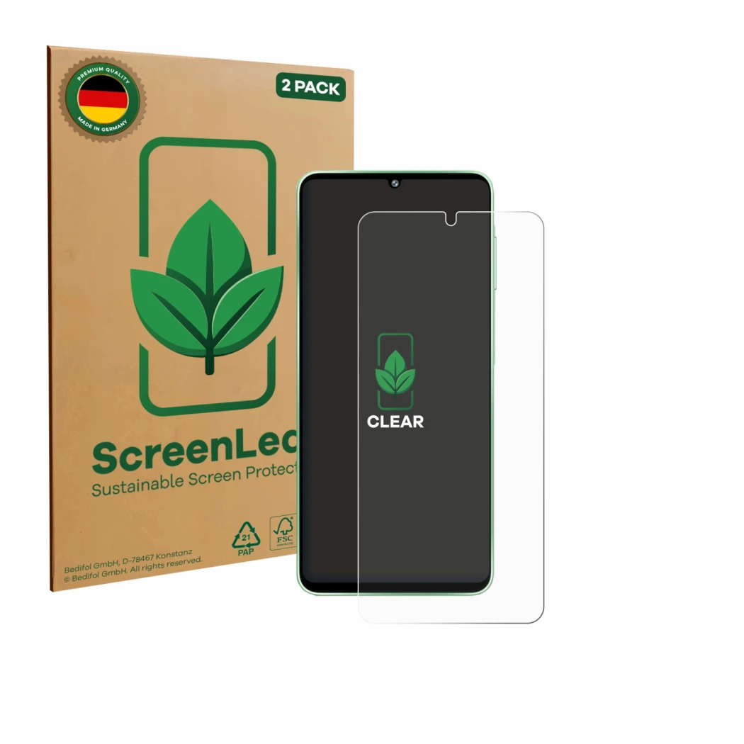 Face avant d’un emballage produit avec le logo de la marque ScreenLeaf. À côté, l’appareil Samsung Galaxy F70e est représenté 