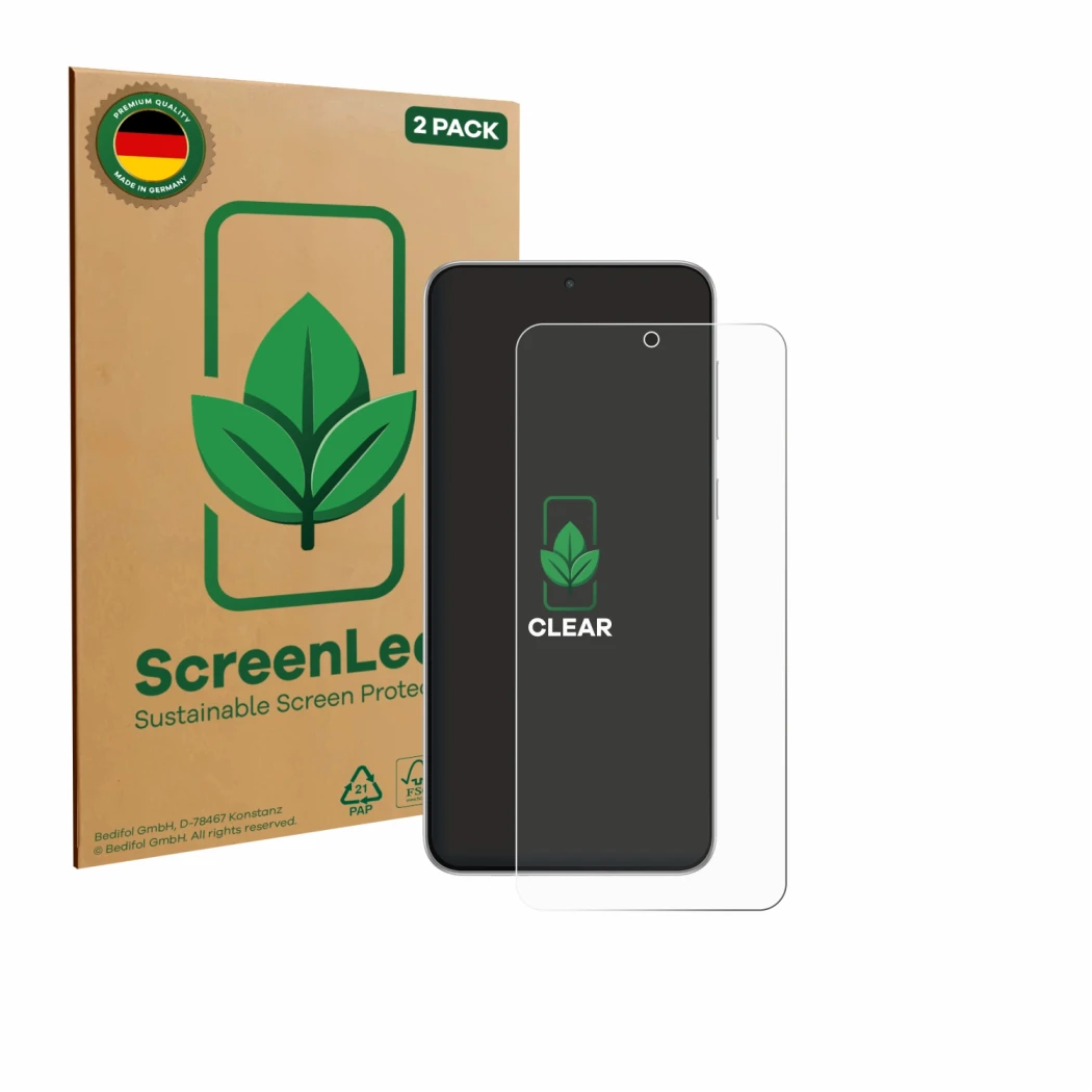 Face avant d’un emballage produit avec le logo de la marque ScreenLeaf. À côté, l’appareil Samsung Galaxy F56 est représenté a