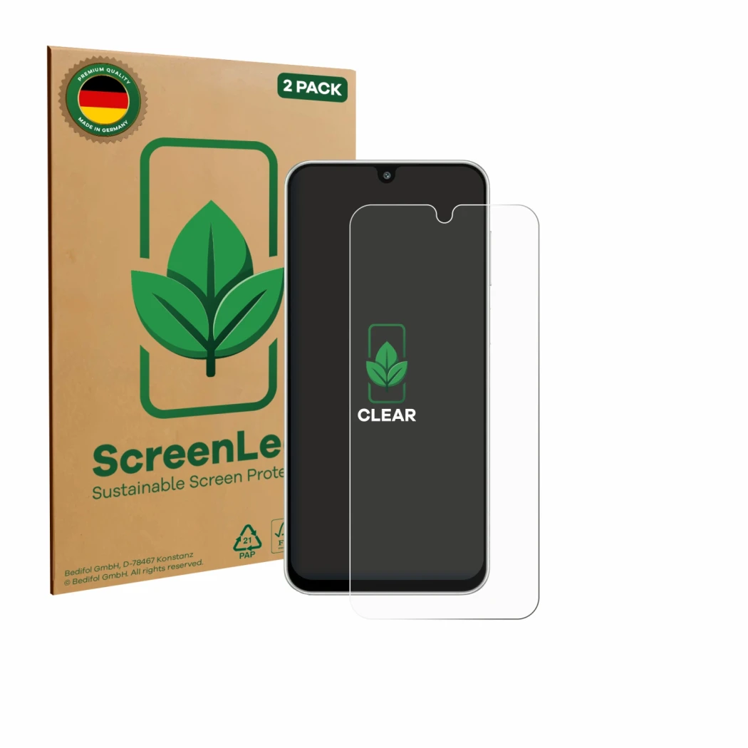 Face avant d’un emballage produit avec le logo de la marque ScreenLeaf. À côté, l’appareil Samsung Galaxy M16 est représenté a