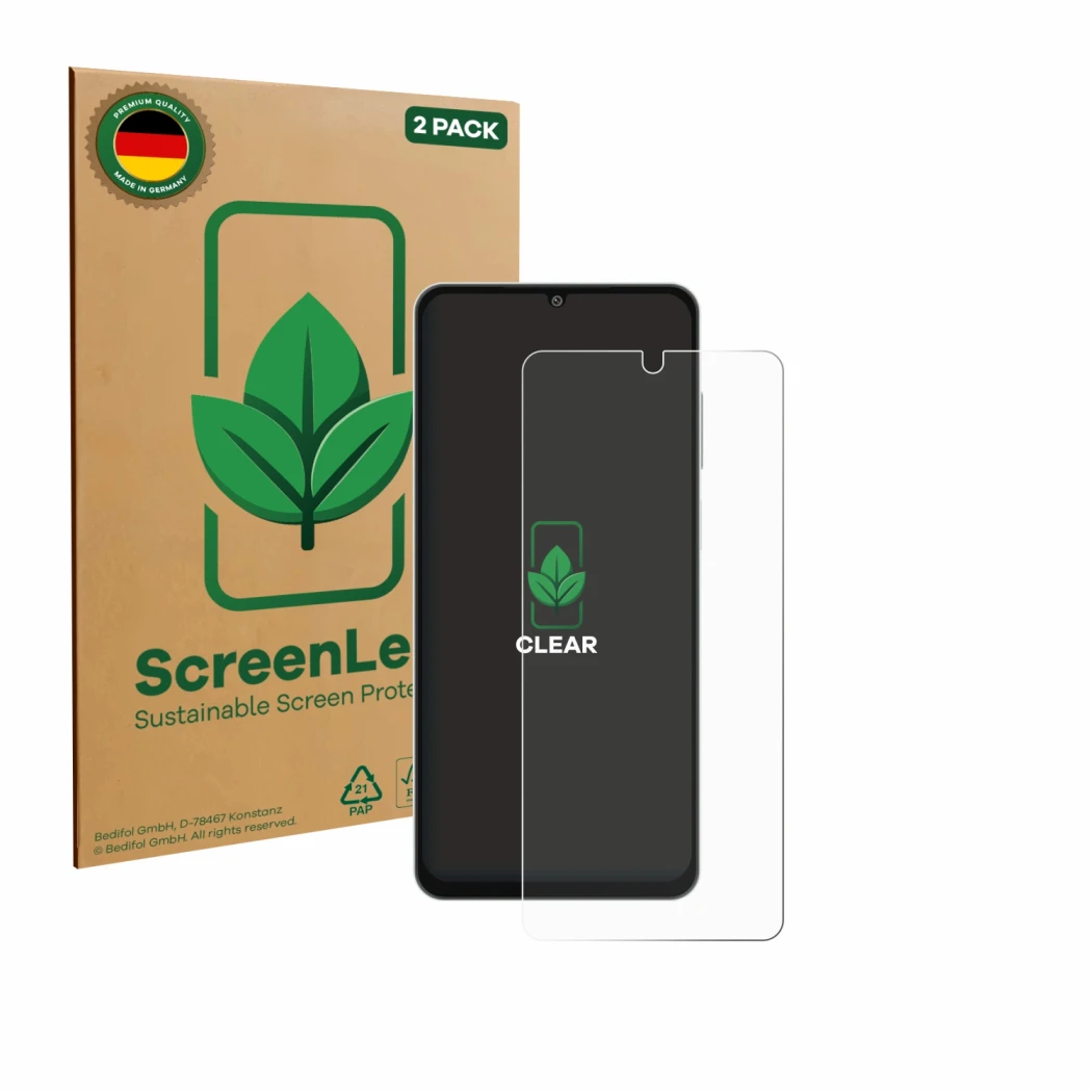 Face avant d’un emballage produit avec le logo de la marque ScreenLeaf. À côté, l’appareil Samsung Galaxy M06 est représenté a
