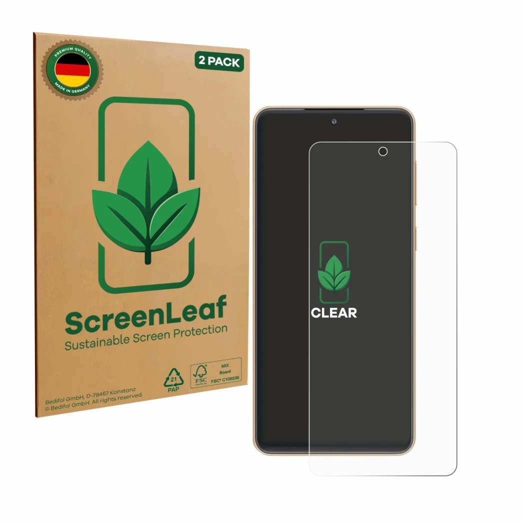 Face avant d’un emballage produit avec le logo de la marque ScreenLeaf. À côté, l’appareil Samsung Galaxy F55 est représenté a