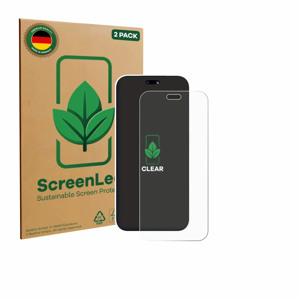 Face avant d’un emballage produit avec le logo de la marque ScreenLeaf. À côté, l’appareil Huawei Nova 15 Pro est représenté a