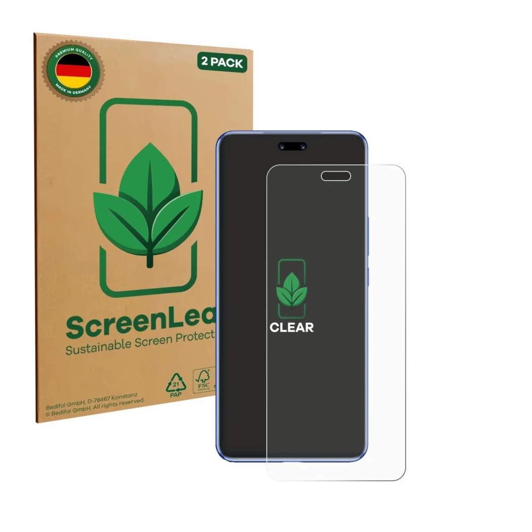 Face avant d’un emballage produit avec le logo de la marque ScreenLeaf. À côté, l’appareil Huawei Nova 12 Pro est représenté a