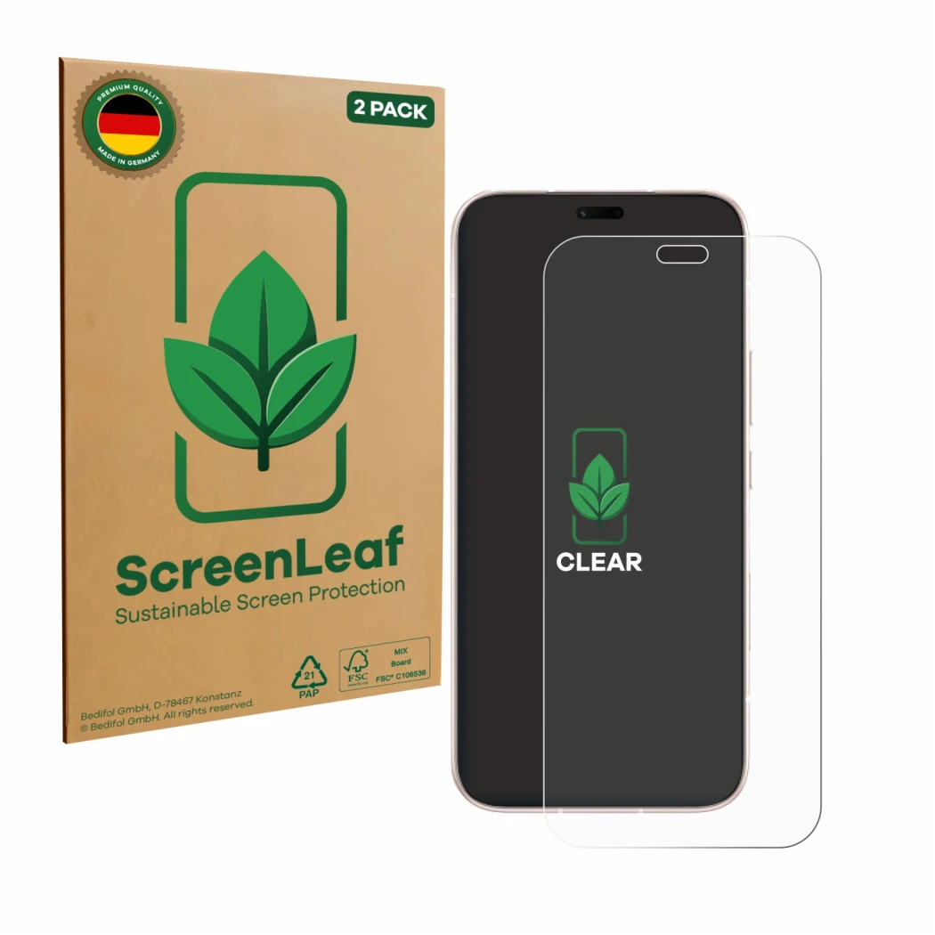 Face avant d’un emballage produit avec le logo de la marque ScreenLeaf. À côté, l’appareil Honor 600 Lite est représenté avec 