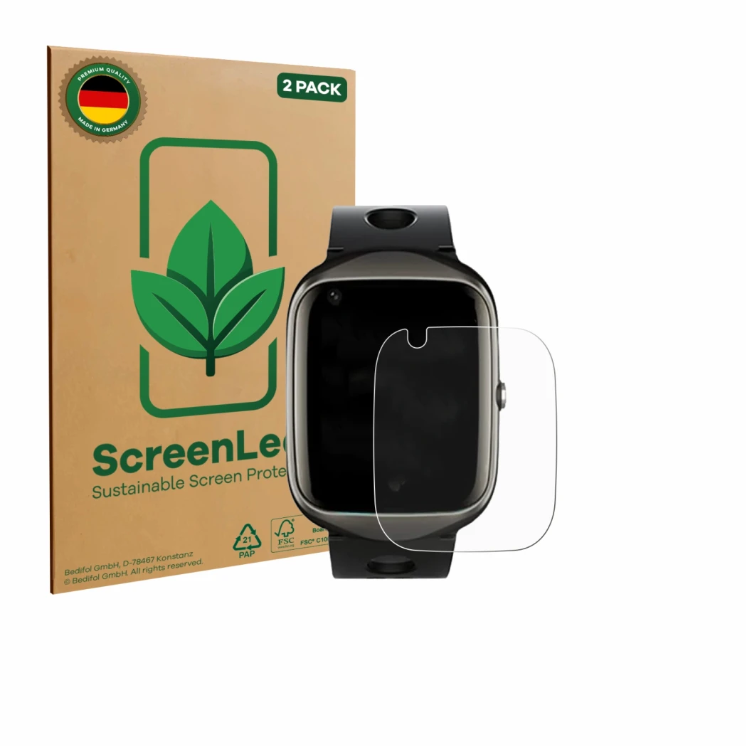 Face avant d’un emballage produit avec le logo de la marque ScreenLeaf. À côté, l’appareil ABUBU SmartWatch PBL2 est représent