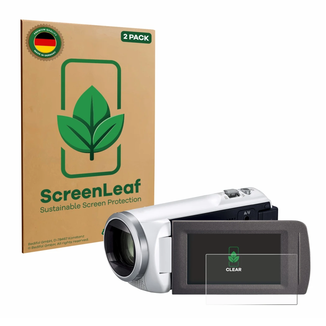 Face avant d’un emballage produit avec le logo de la marque ScreenLeaf. À côté, l’appareil Panasonic HC-V480MS est représenté 