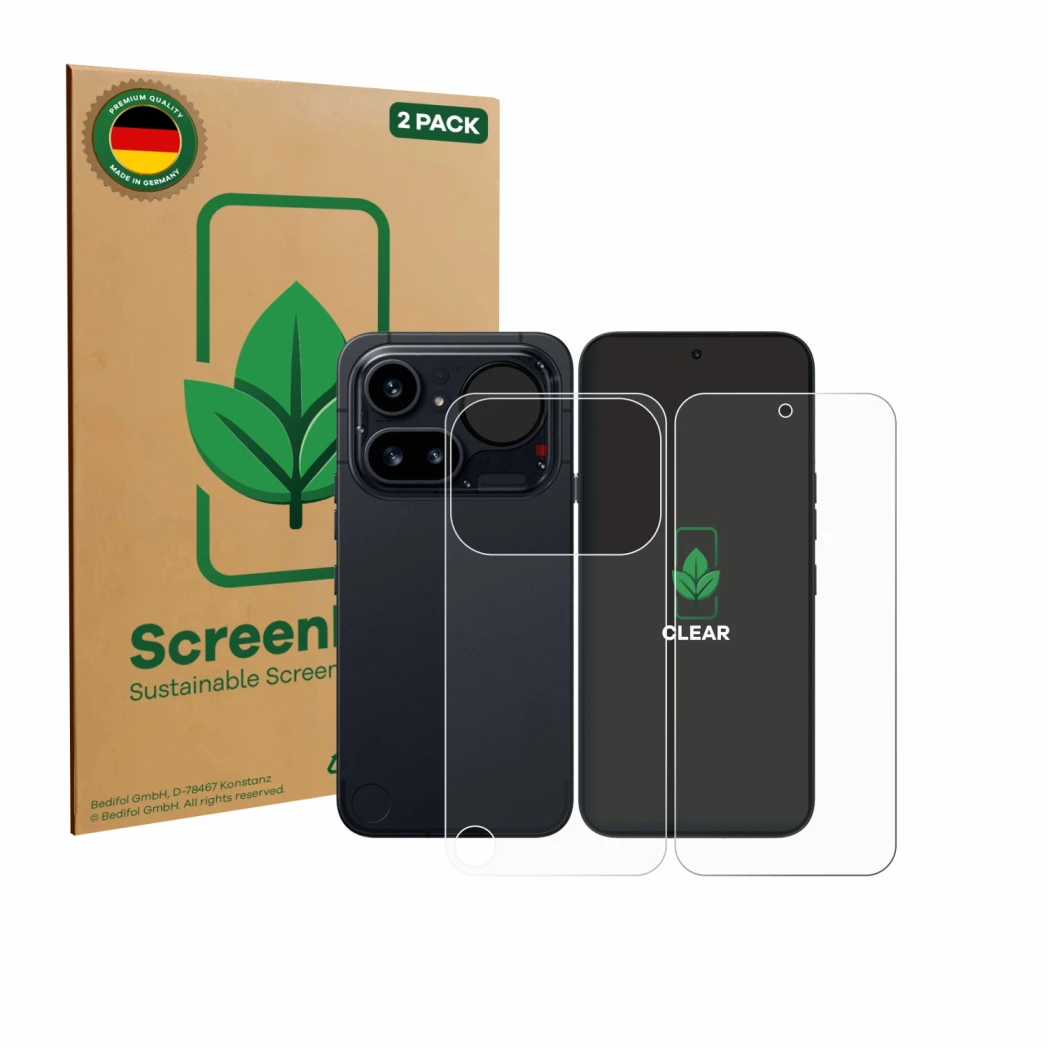 Face avant d’un emballage produit avec le logo de la marque ScreenLeaf. À côté, l’appareil Nothing Phone (4a) Pro (Avant+Arriè