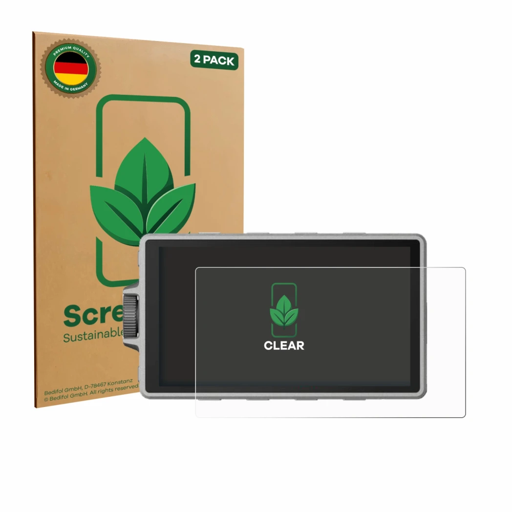 Face avant d’un emballage produit avec le logo de la marque ScreenLeaf. À côté, l’appareil DJI Ronin 4D est représenté avec la