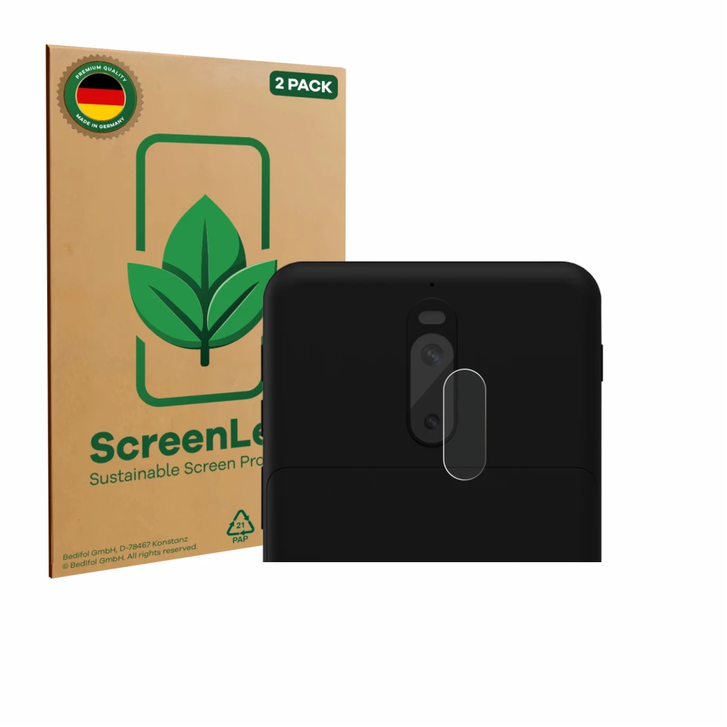 Face avant d’un emballage produit avec le logo de la marque ScreenLeaf. À côté, l’appareil Shiftphones Shiftphone 8.1 (Caméra 