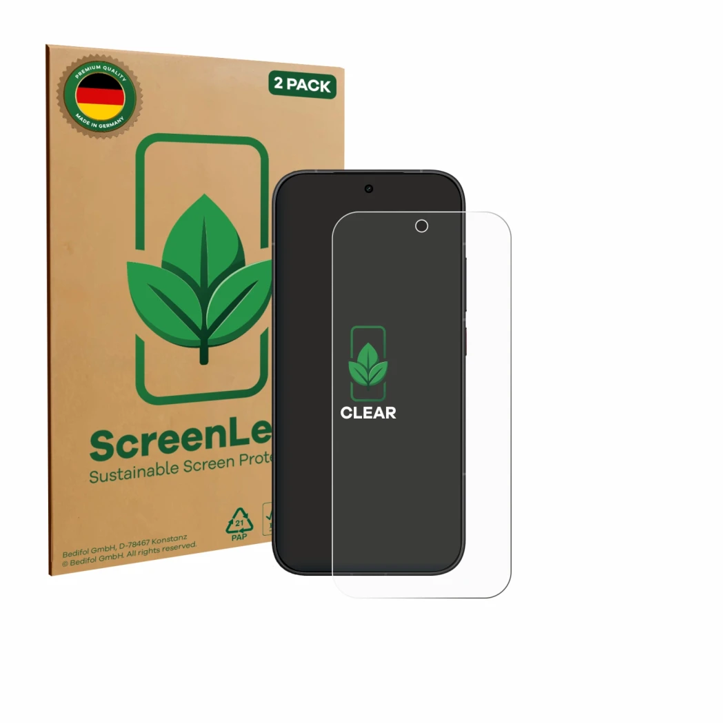 Face avant d’un emballage produit avec le logo de la marque ScreenLeaf. À côté, l’appareil Xiaomi Poco X8 Pro est représenté a