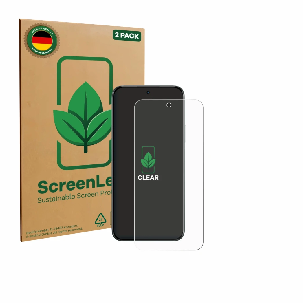 Face avant d’un emballage produit avec le logo de la marque ScreenLeaf. À côté, l’appareil realme C85 5G est représenté avec l