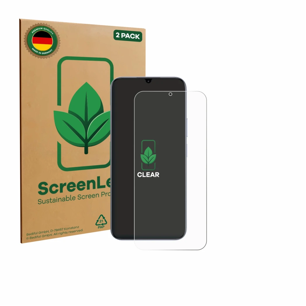 Face avant d’un emballage produit avec le logo de la marque ScreenLeaf. À côté, l’appareil realme C83 5G est représenté avec l