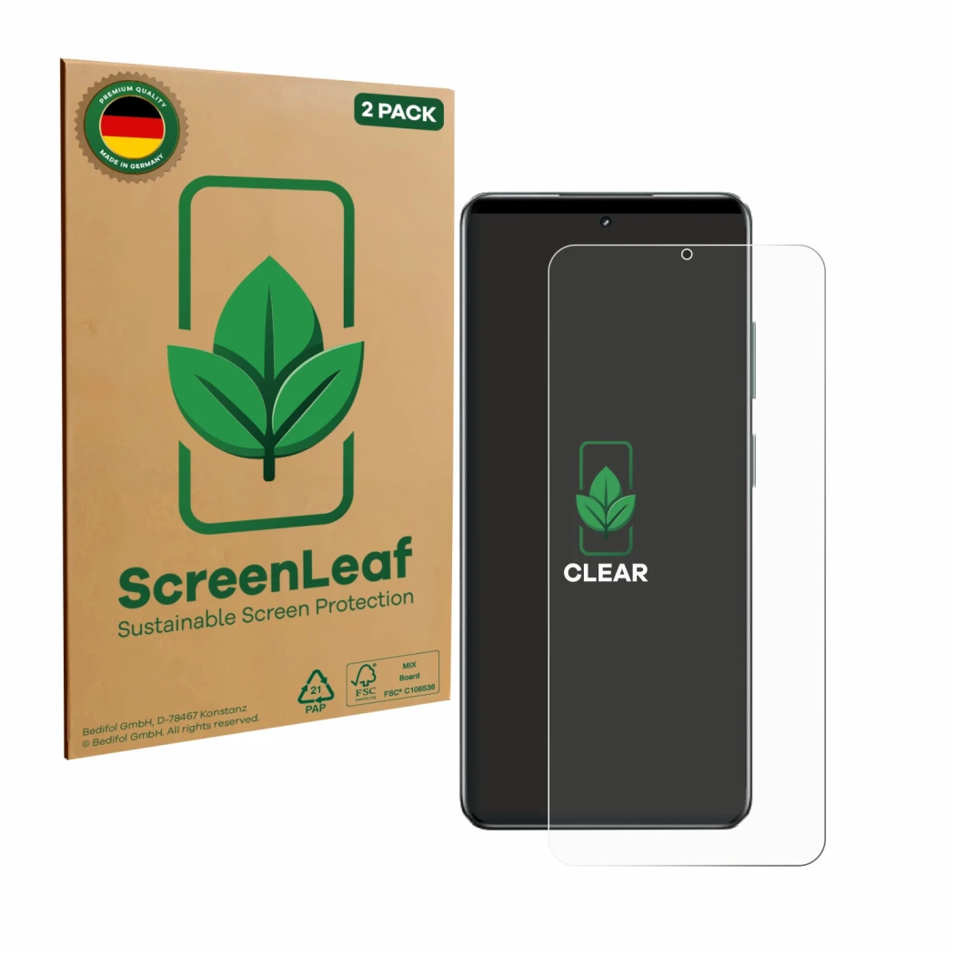 Face avant d’un emballage produit avec le logo de la marque ScreenLeaf. À côté, l’appareil realme C63 5G est représenté avec l