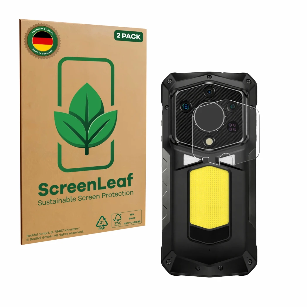 Face avant d’un emballage produit avec le logo de la marque ScreenLeaf. À côté, l’appareil Ulefone Armor 29 Ultra (Caméra UNIQ