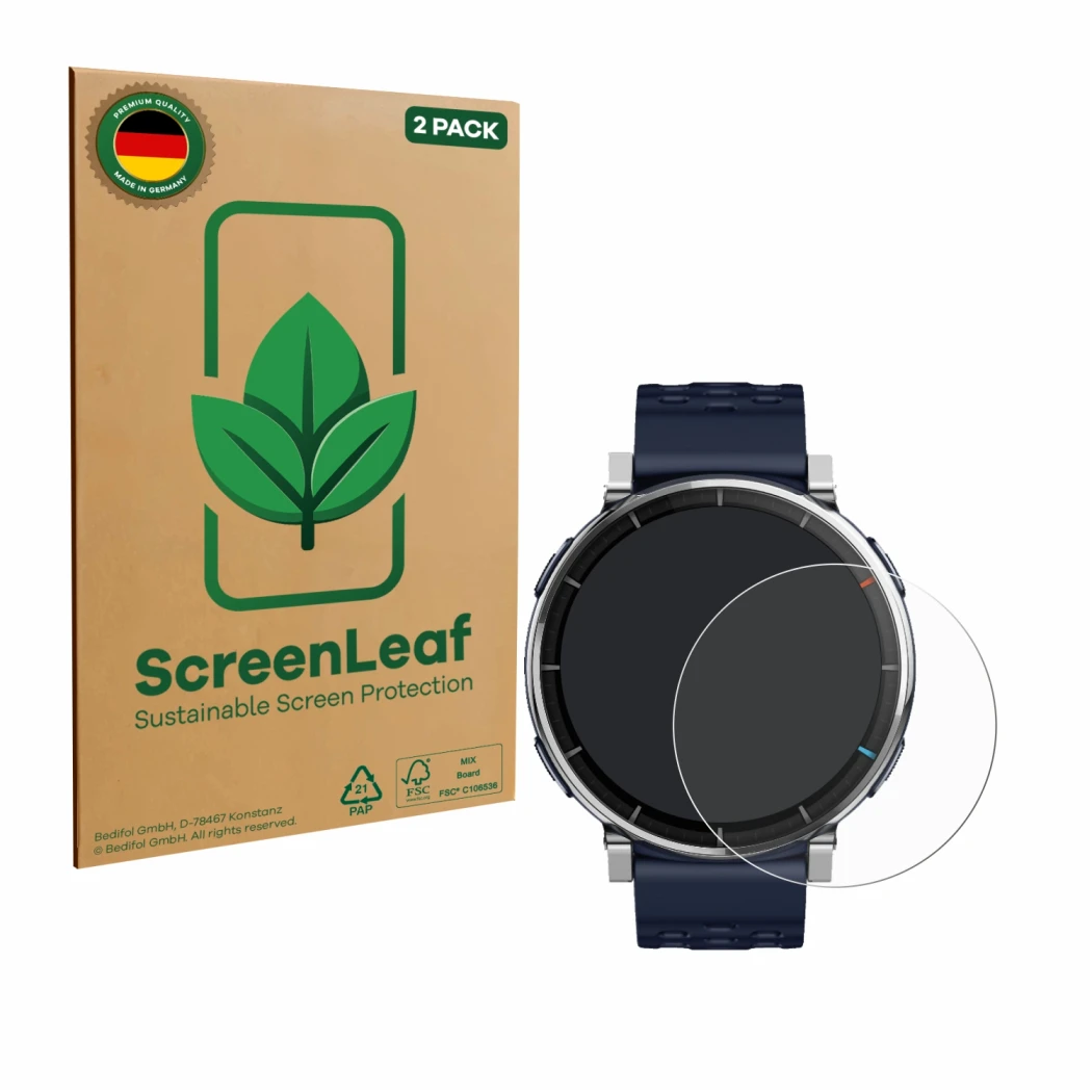 Face avant d’un emballage produit avec le logo de la marque ScreenLeaf. À côté, l’appareil Amazfit Active 3 Premium est représ