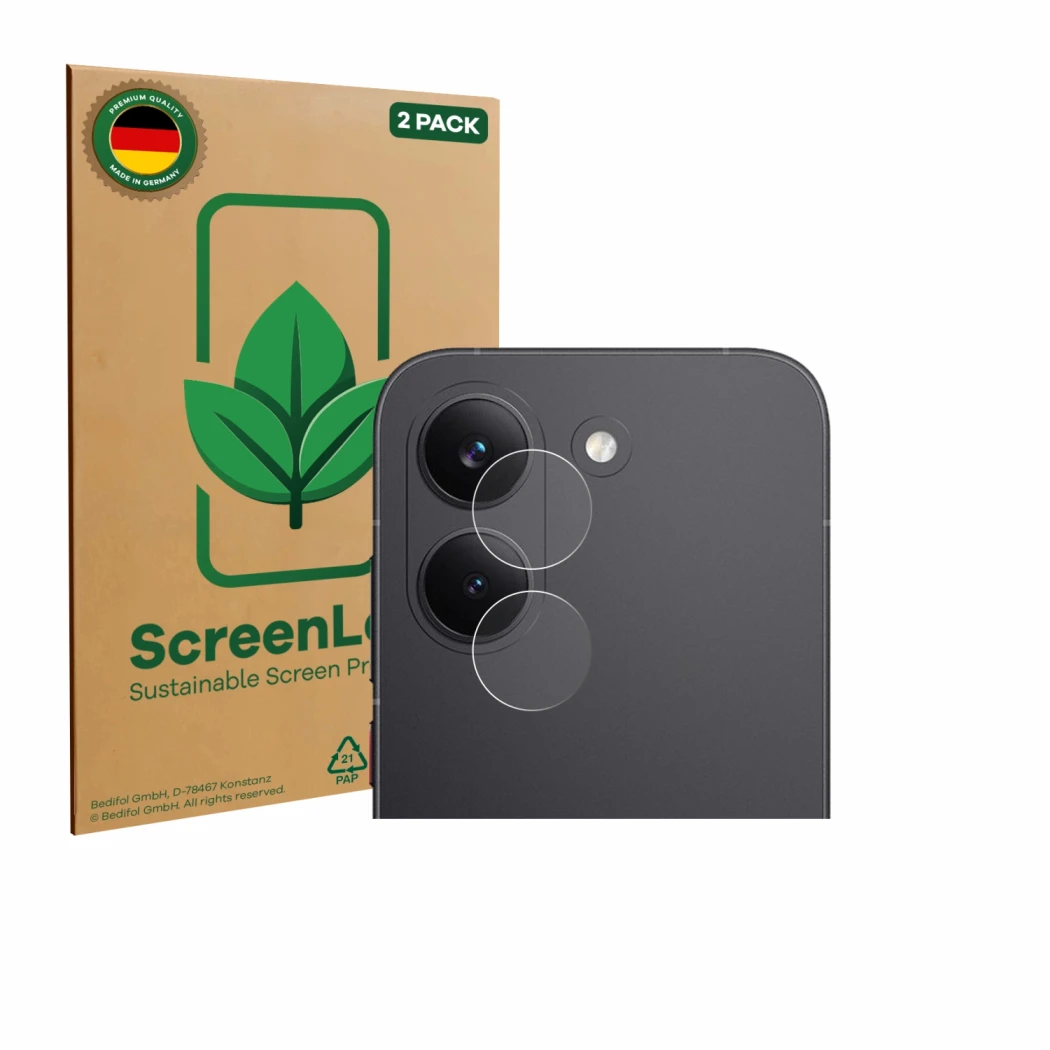 Face avant d’un emballage produit avec le logo de la marque ScreenLeaf. À côté, l’appareil Xiaomi Poco X8 Pro (Caméra UNIQUEME