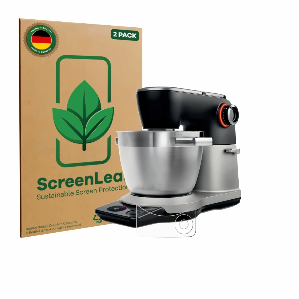 Face avant d’un emballage produit avec le logo de la marque ScreenLeaf. À côté, l’appareil Bosch MUMS8Z est représenté avec la