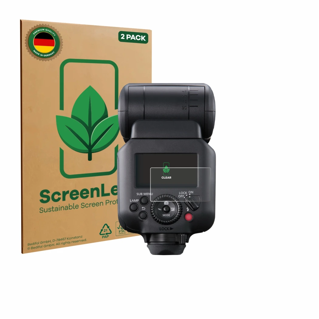 Face avant d’un emballage produit avec le logo de la marque ScreenLeaf. À côté, l’appareil Canon Speedlite EL-5 est représenté