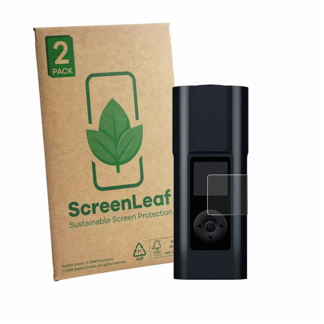 Face avant d’un emballage produit avec le logo de la marque ScreenLeaf. À côté, l’appareil Arizer Solo 3 V2 est représenté ave