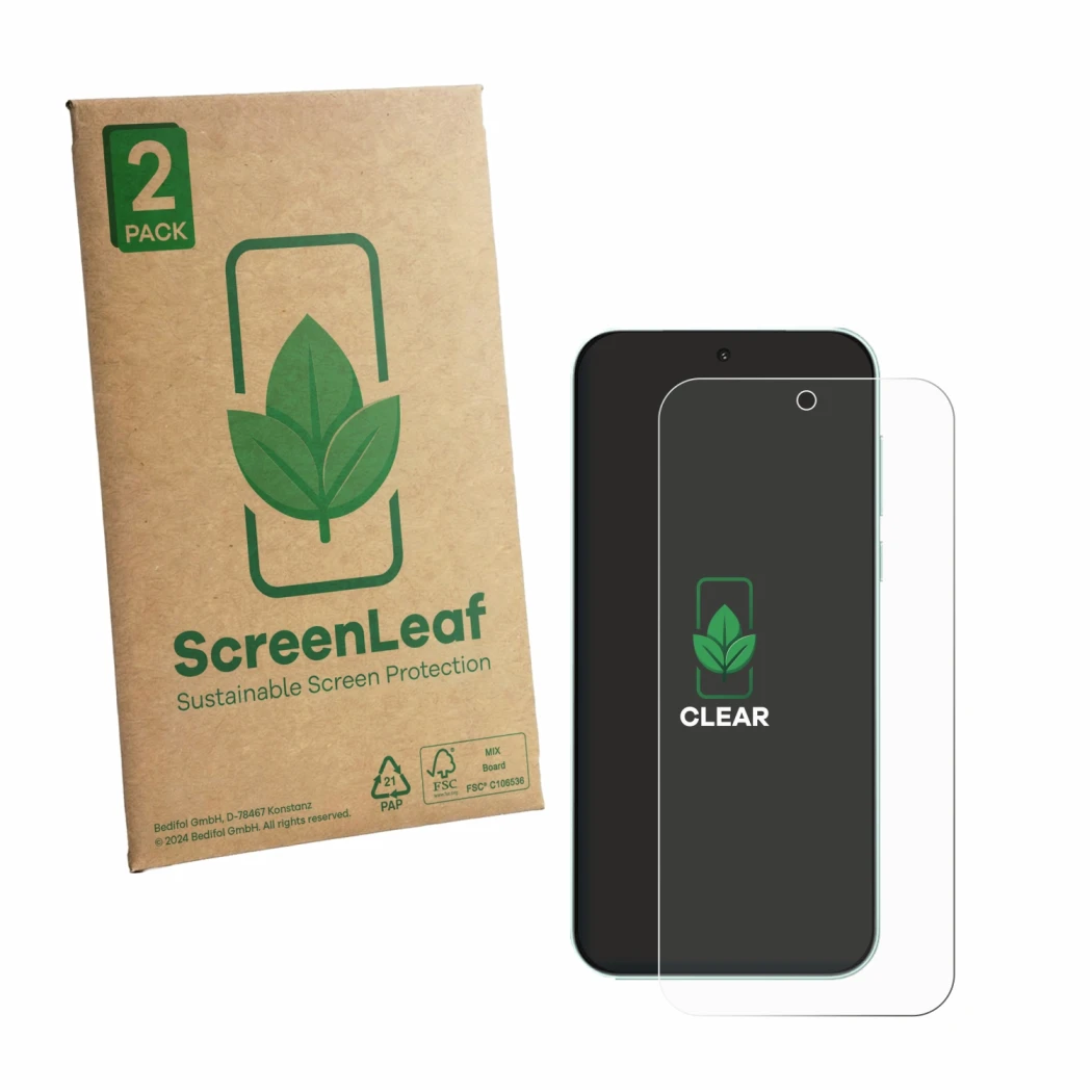 Face avant d’un emballage produit avec le logo de la marque ScreenLeaf. À côté, l’appareil OnePlus Nord 6 est représenté avec 