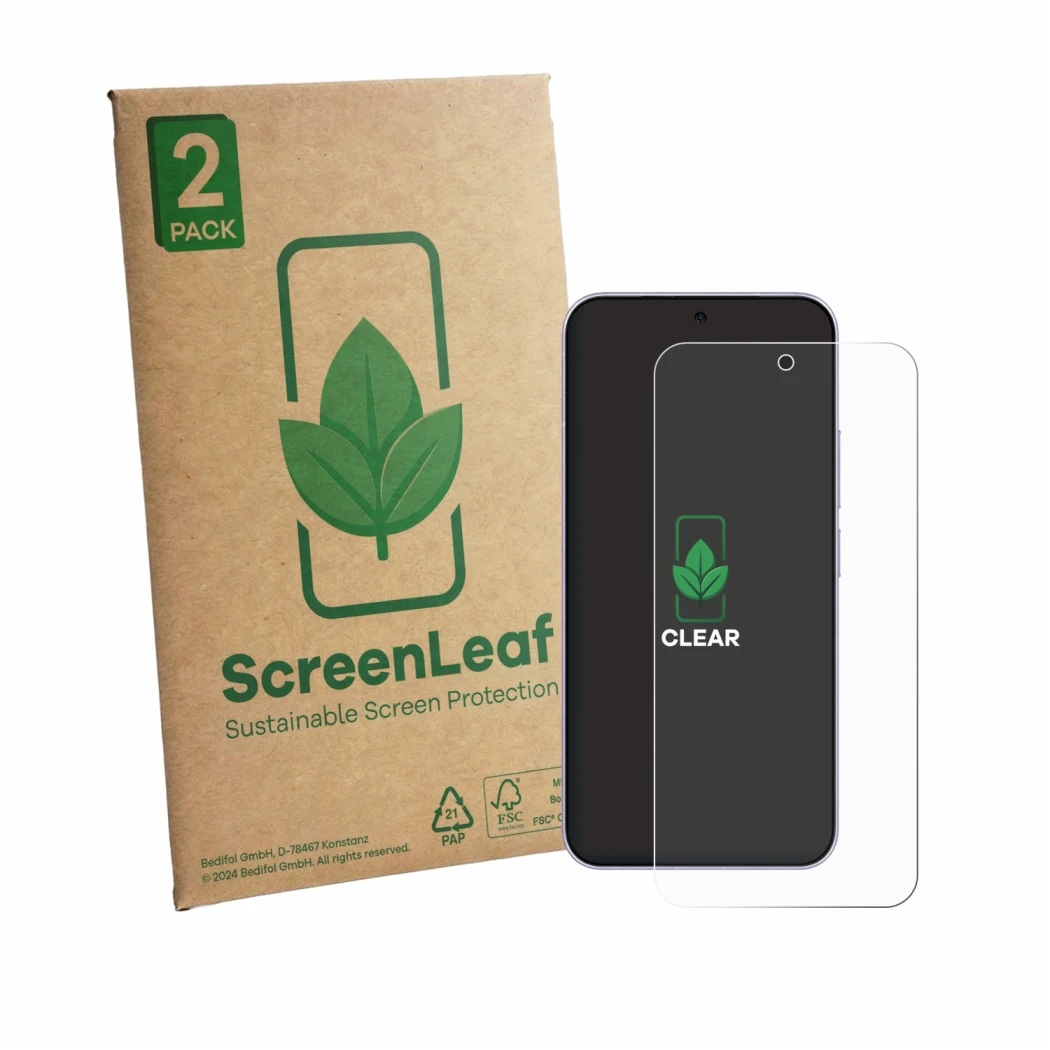 Face avant d’un emballage produit avec le logo de la marque ScreenLeaf. À côté, l’appareil Vivo X300 FE est représenté avec la