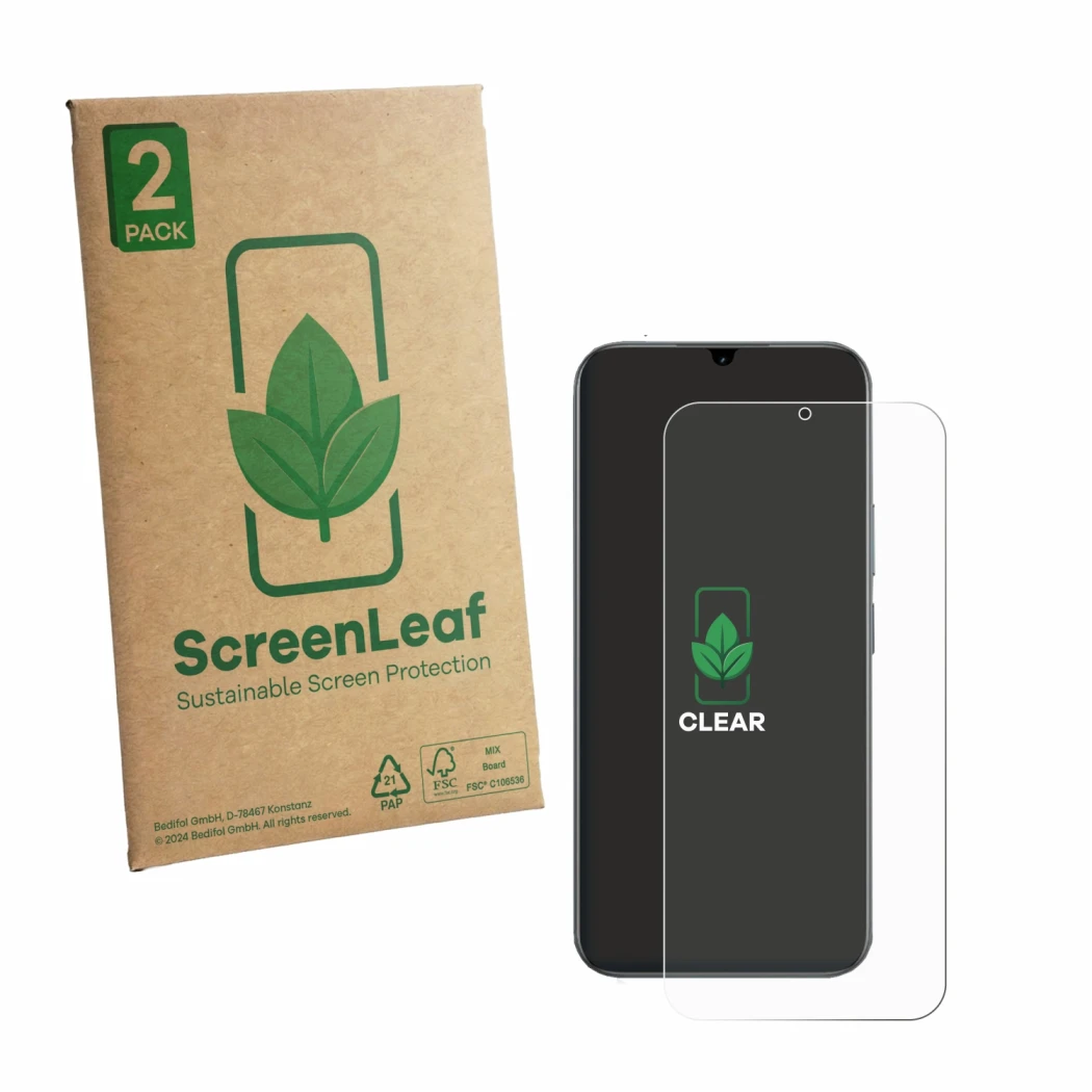 Face avant d’un emballage produit avec le logo de la marque ScreenLeaf. À côté, l’appareil realme C100 5G est représenté avec 