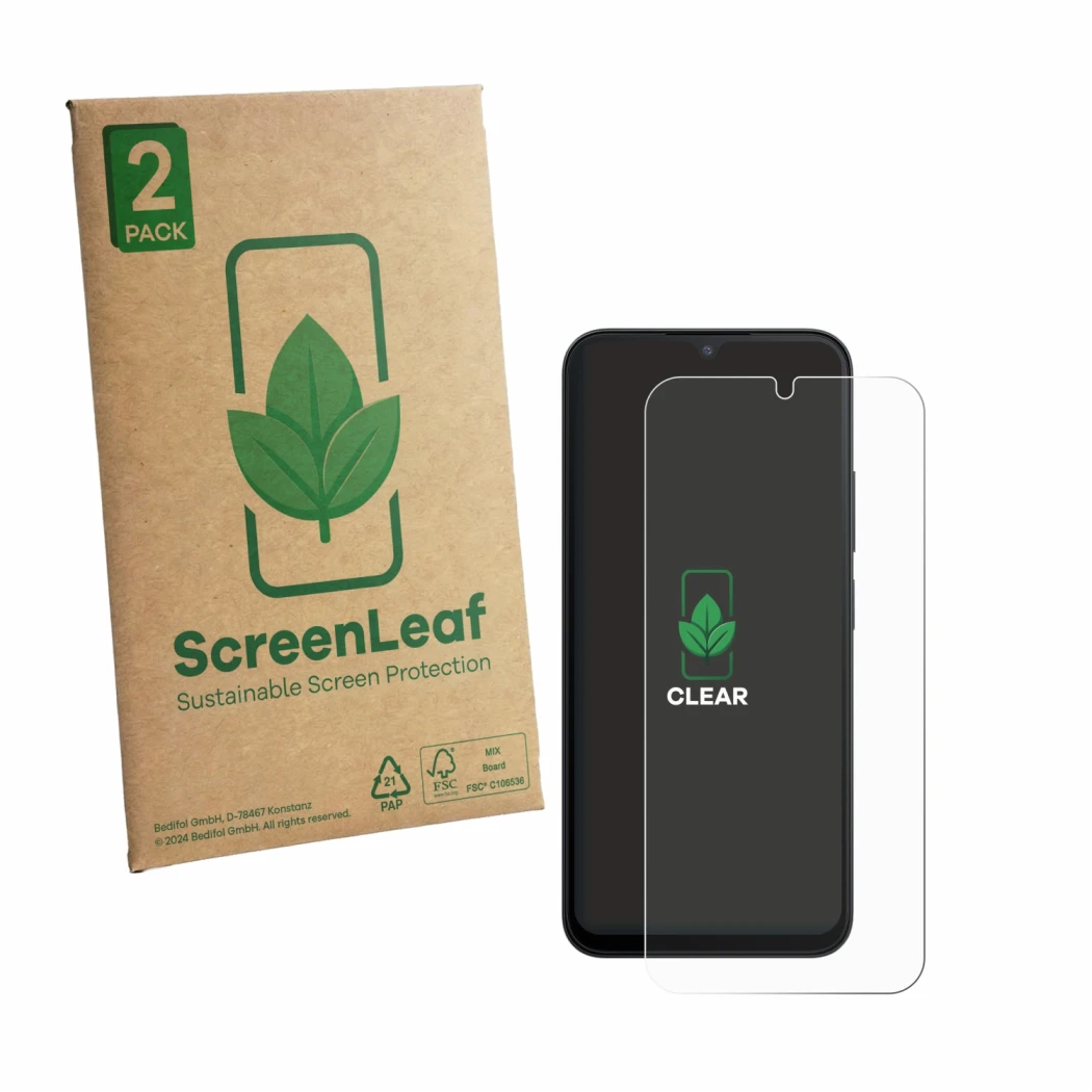 Face avant d’un emballage produit avec le logo de la marque ScreenLeaf. À côté, l’appareil Xiaomi Redmi A7 Pro est représenté 