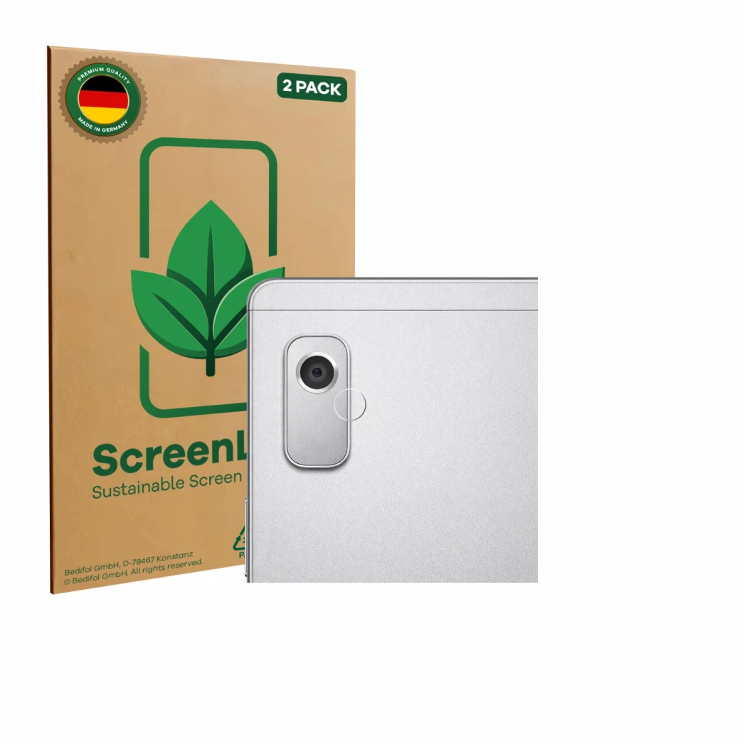 Face avant d’un emballage produit avec le logo de la marque ScreenLeaf. À côté, l’appareil Lenovo Tab M9 (Caméra UNIQUEMENT) e