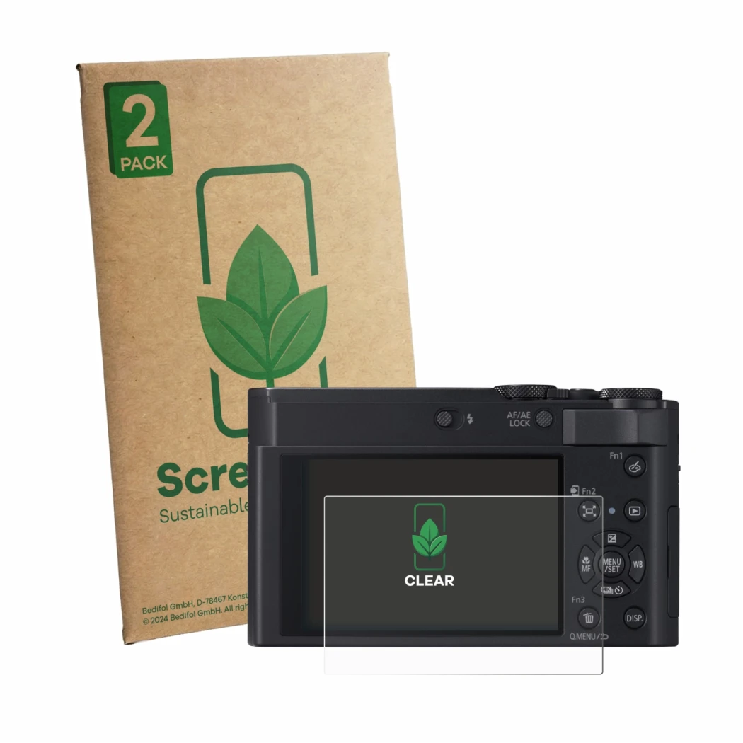 Face avant d’un emballage produit avec le logo de la marque ScreenLeaf. À côté, l’appareil Panasonic Lumix DC-TZ300 est représ