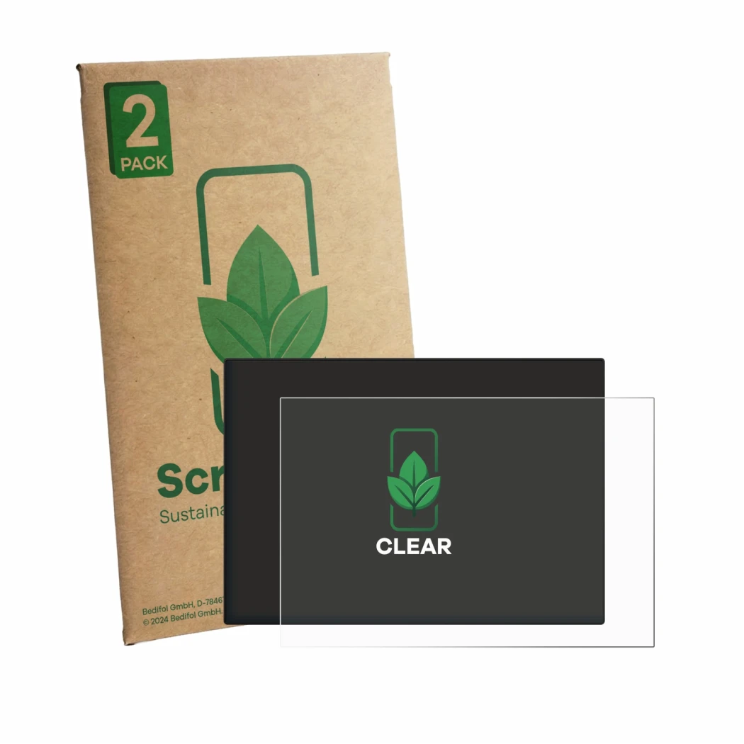 Face avant d’un emballage produit avec le logo de la marque ScreenLeaf. À côté, l’appareil CrossControl CCpilot V700 est repré