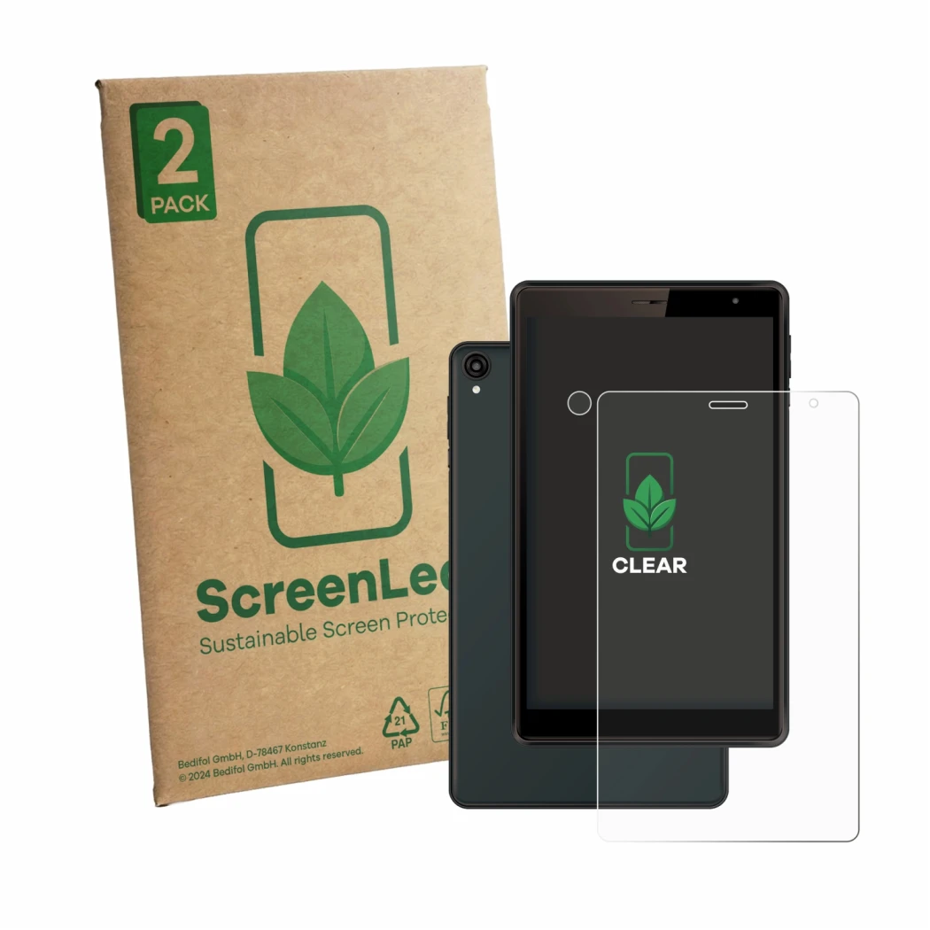 Face avant d’un emballage produit avec le logo de la marque ScreenLeaf. À côté, l’appareil Logicom Tab 80 8