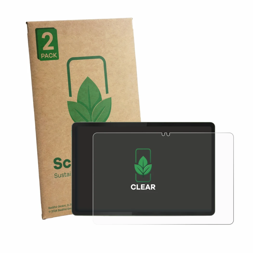 Face avant d’un emballage produit avec le logo de la marque ScreenLeaf. À côté, l’appareil Motorola Moto Pad 2026 est représen