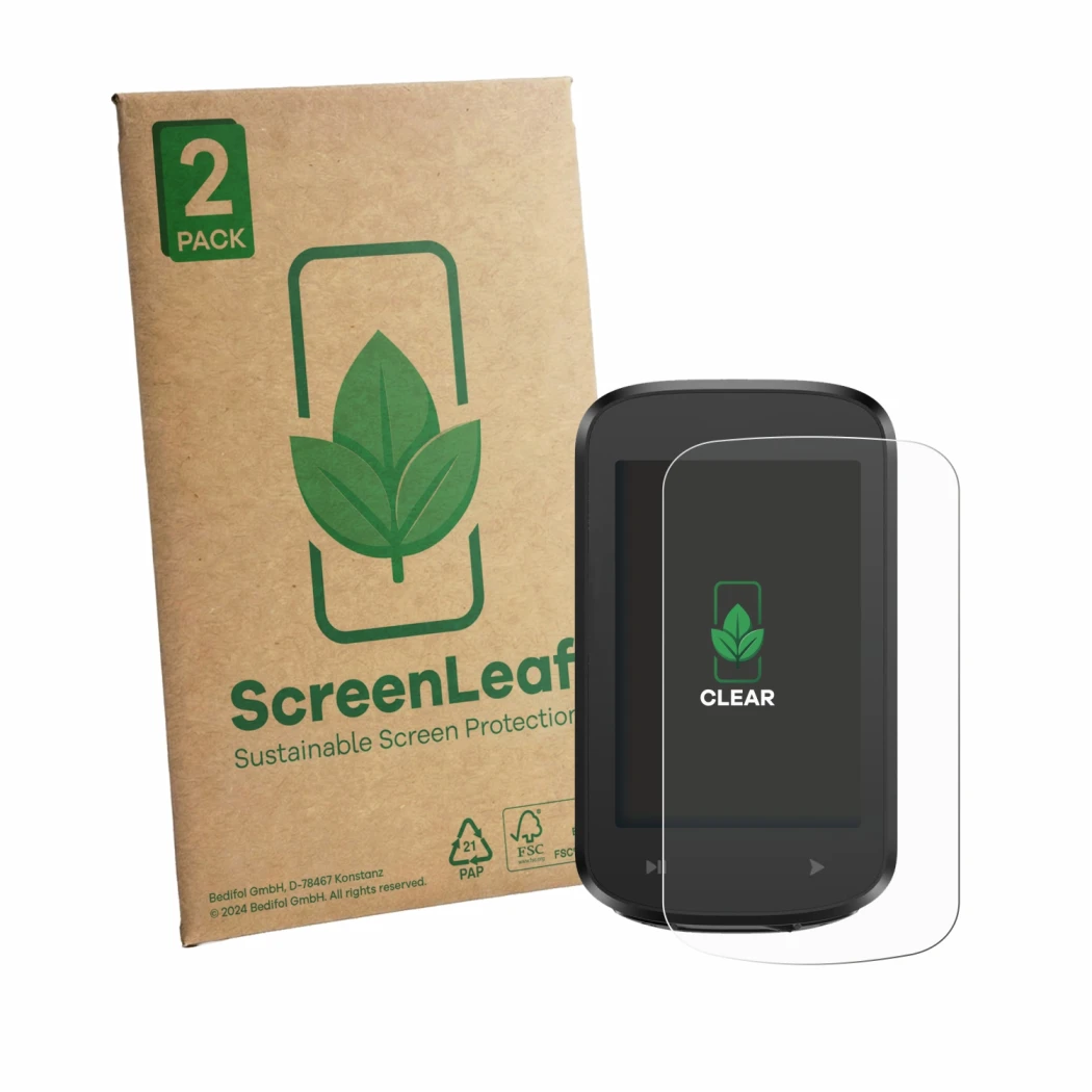 Face avant d’un emballage produit avec le logo de la marque ScreenLeaf. À côté, l’appareil iGPSPORT BSC100MAX est représenté a