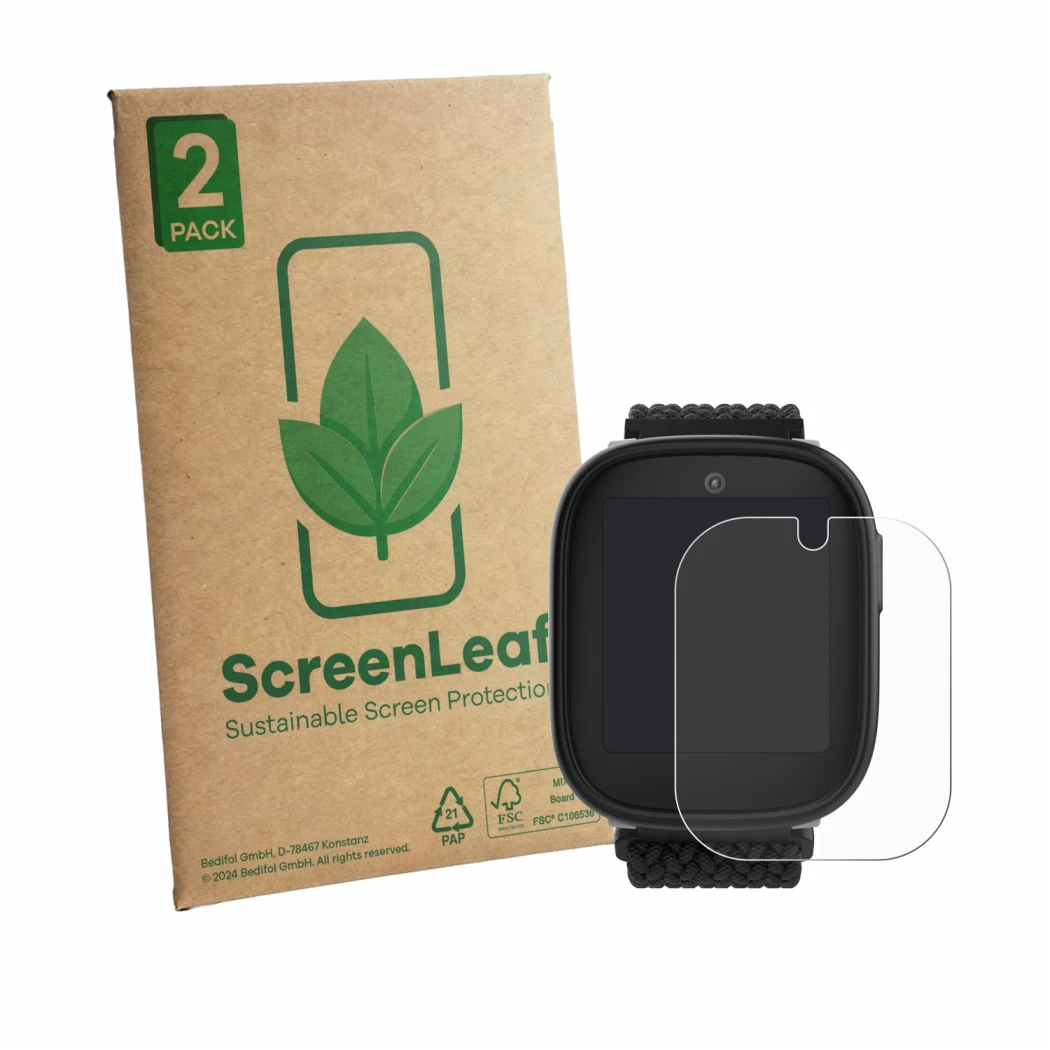 Face avant d’un emballage produit avec le logo de la marque ScreenLeaf. À côté, l’appareil Xplora X6 Play eSIM (2ème génératio