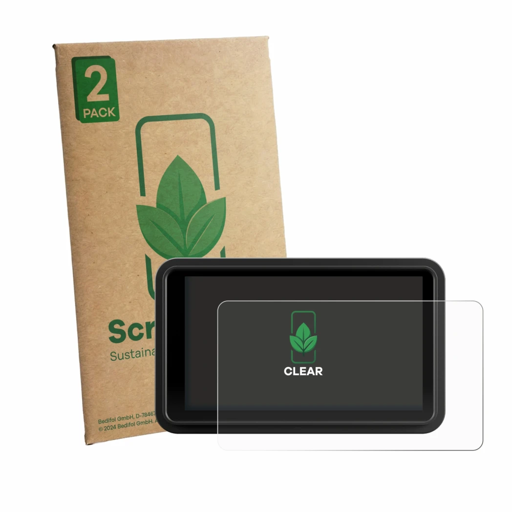 Face avant d’un emballage produit avec le logo de la marque ScreenLeaf. À côté, l’appareil Atomos Ninja RAW 5