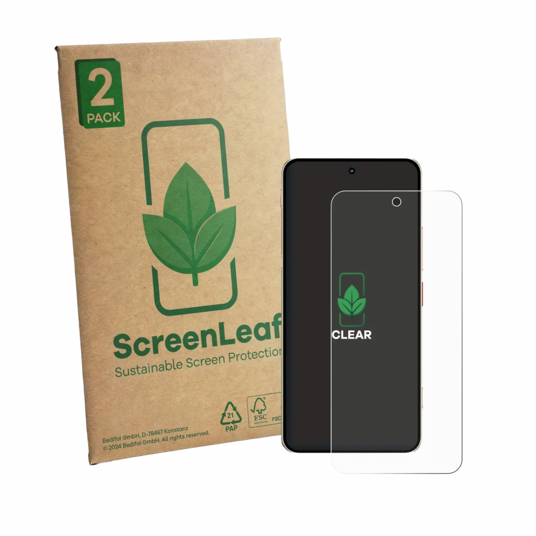 Face avant d’un emballage produit avec le logo de la marque ScreenLeaf. À côté, l’appareil ZTE Nubia Focus 2 Ultra est représe