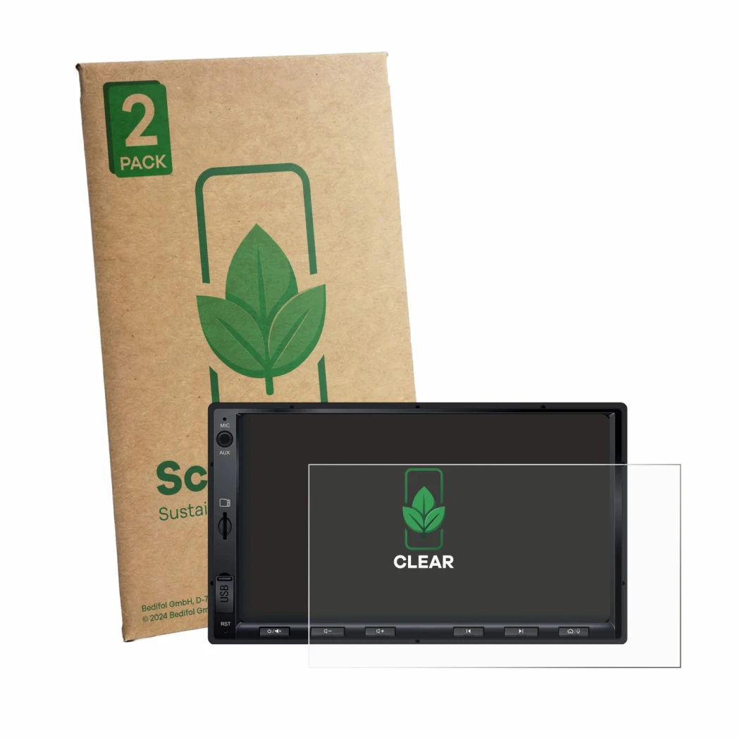 Face avant d’un emballage produit avec le logo de la marque ScreenLeaf. À côté, l’appareil Atoto A5LG2A7T 7