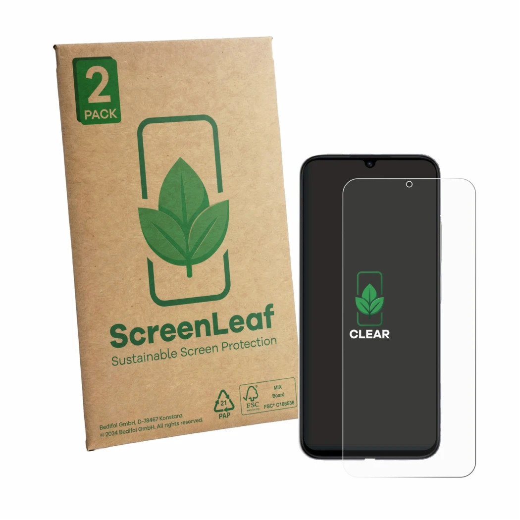 Face avant d’un emballage produit avec le logo de la marque ScreenLeaf. À côté, l’appareil Xiaomi Redmi R70m 5G est représenté
