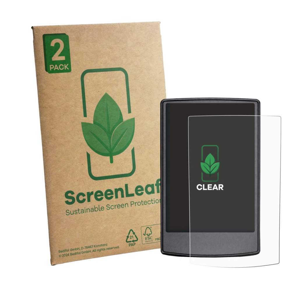 Face avant d’un emballage produit avec le logo de la marque ScreenLeaf. À côté, l’appareil Engwe Engine Pro 3.0 Boost est repr