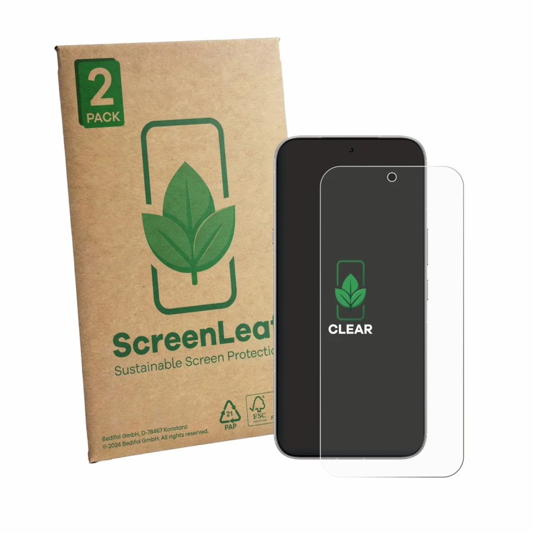 Face avant d’un emballage produit avec le logo de la marque ScreenLeaf. À côté, l’appareil Infinix Note 60 est représenté avec