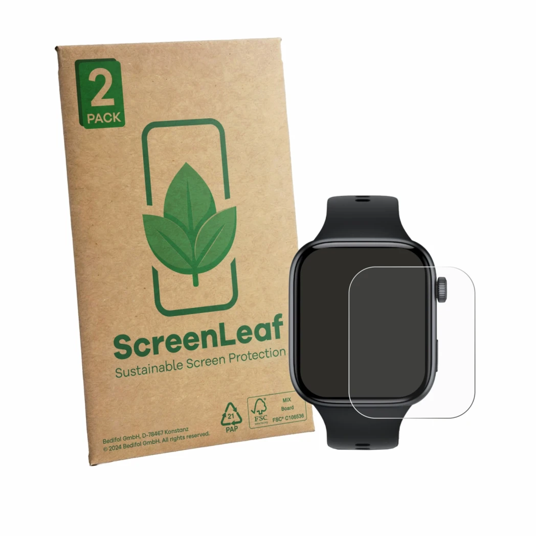 Face avant d’un emballage produit avec le logo de la marque ScreenLeaf. À côté, l’appareil Honor Watch X5i est représenté avec