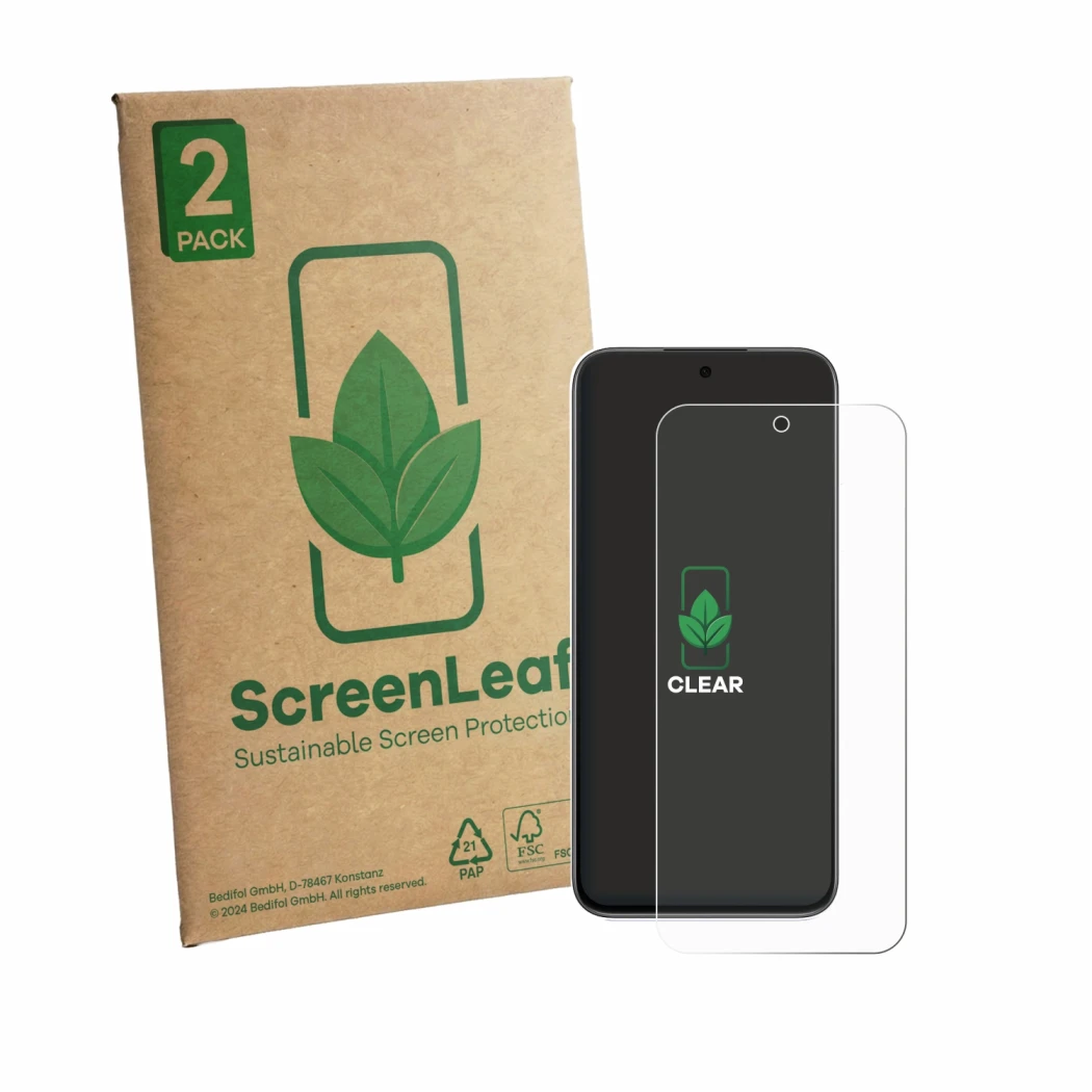 Face avant d’un emballage produit avec le logo de la marque ScreenLeaf. À côté, l’appareil Oppo K14 est représenté avec la pro
