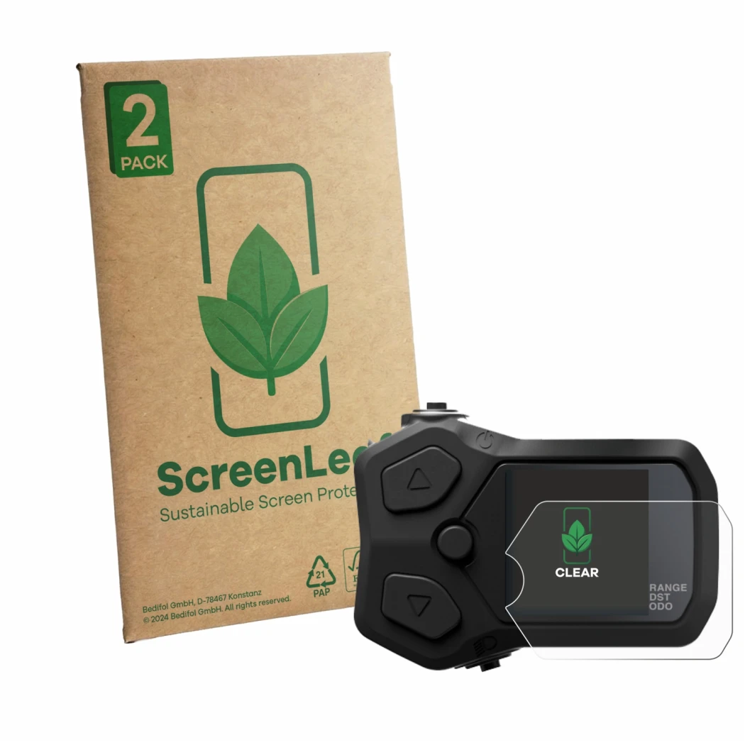 Face avant d’un emballage produit avec le logo de la marque ScreenLeaf. À côté, l’appareil Shimano SC-EN500 est représenté ave