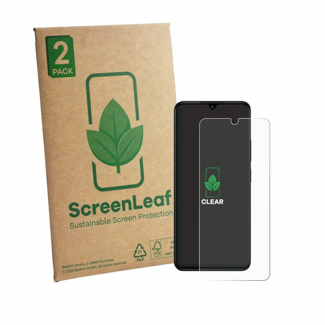 Face avant d’un emballage produit avec le logo de la marque ScreenLeaf. À côté, l’appareil Xiaomi Redmi 14R est représenté ave